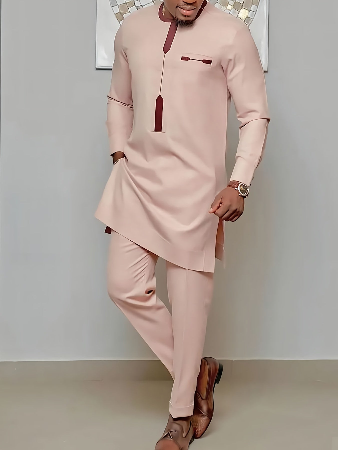 African Dashiki Men'S Suit, Long-Sleeved Top, Shoulder Zipper, Round Neck, Hem Slit, Elastic Pants, African Clothing, Plus Size Men'S Suit, Men'S Casual Shirt And Trousers 2-Piece Set, Four Seasons New 1 Set, Street Style, Pa